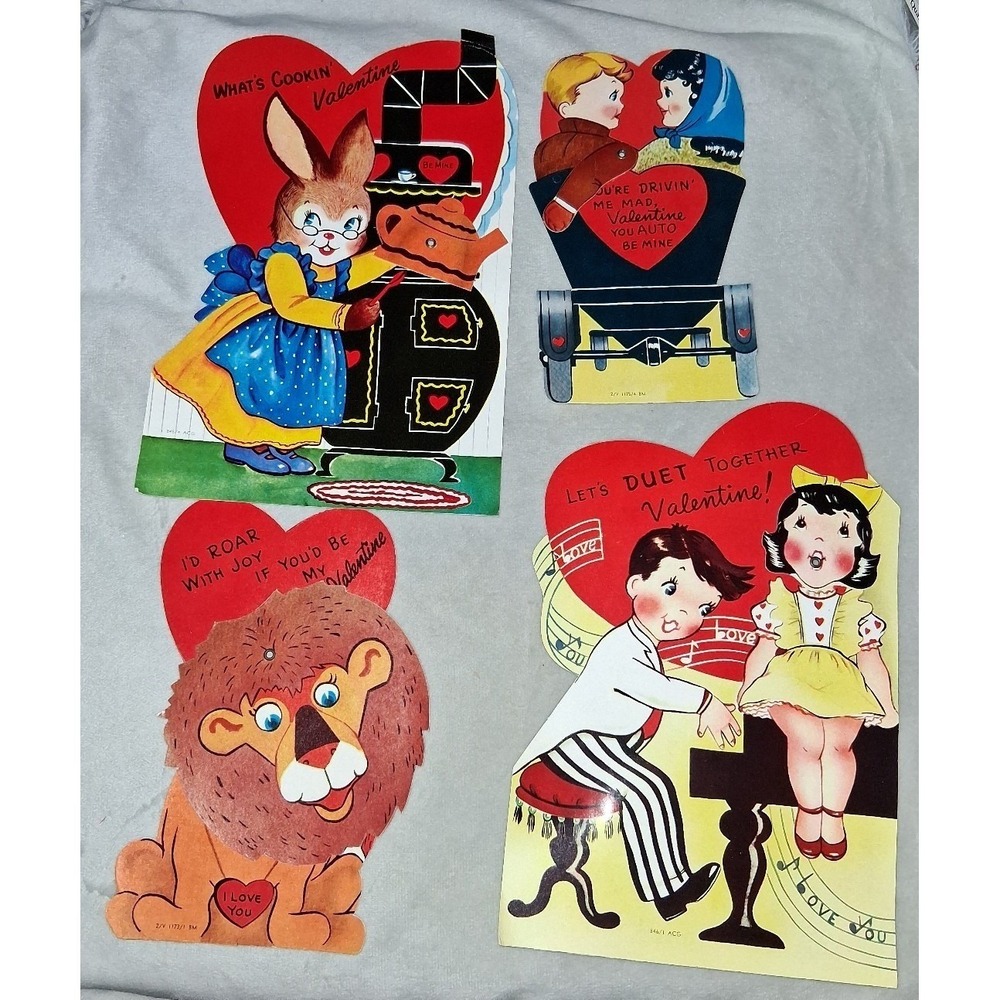 Vintage Mechanical Valentine's Cards Lot of 4 Mid-Century Movable Die Cut Unused